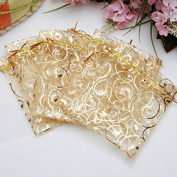 LUDLZ 25 Pcs Gold Organza Drawstring Gift Bags, Jewelry Pouches, Party Favor