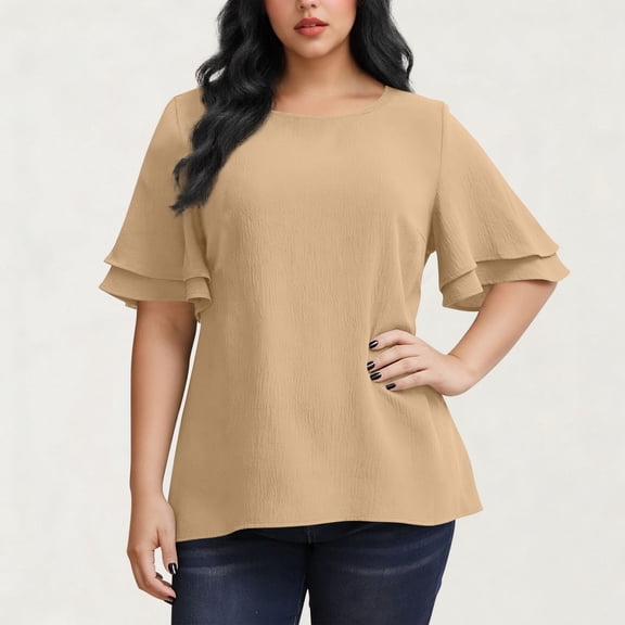 ClodeEU Women's Plus Size Tiered Ruffle Sleeve Blouse,Short Sleeve Round Neck Loose Shirt Khaki,Womens Plus XXXXL