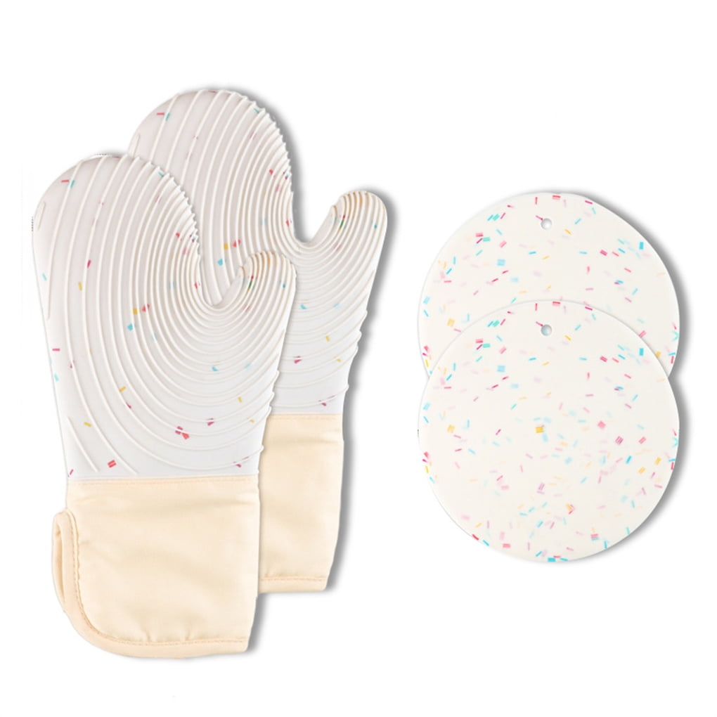 Silicone Oven Mittens Heat Resistant Kitchen Gloves Non Slip Baking Mitts Double Layer Grill Gloves, White, Type 2