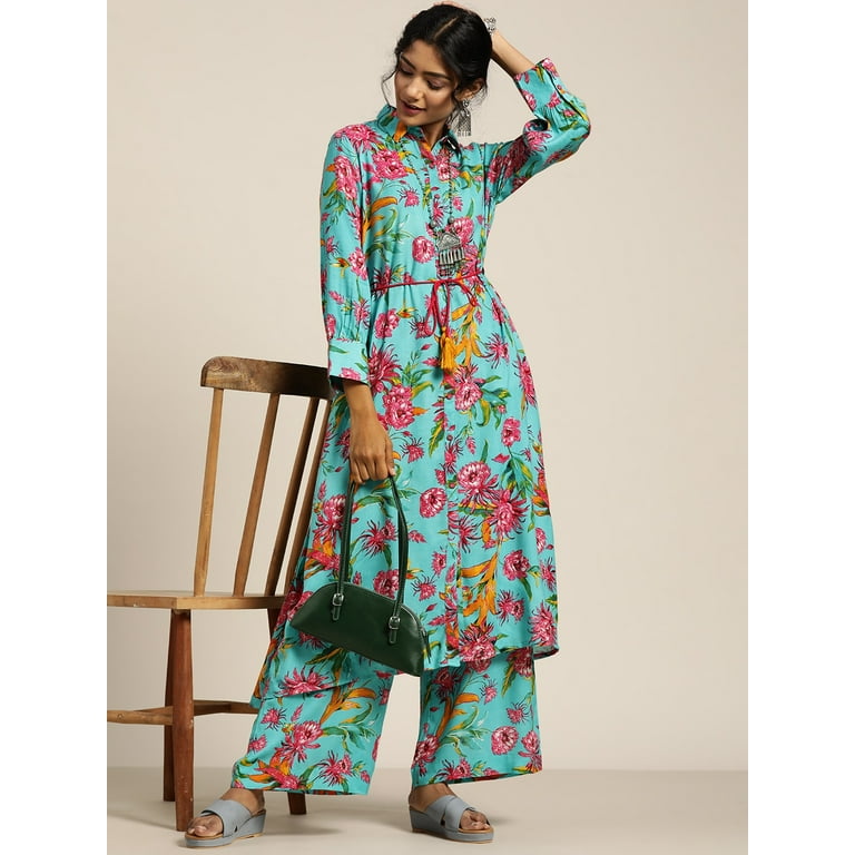 Sangria - By Myntra Indian Women Blue & Pink Daily Wear Floral Printed  A-Line Shirt Collar Calf Length Three-Quarter Sleeves Viscose Rayon Kurta  Ready To Wear Dress Set With Palazzos 