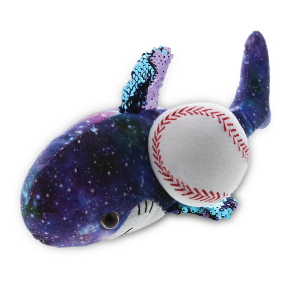 DolliBu Space Sequin Shark Stuffed Animal with Baseball Plush - Soft Huggable Shark, Adorable Playtime Plush Toy, Cute Ocean Life Gift, Baseball Plush Animal Toy for Kids, Adults - 12 Inch