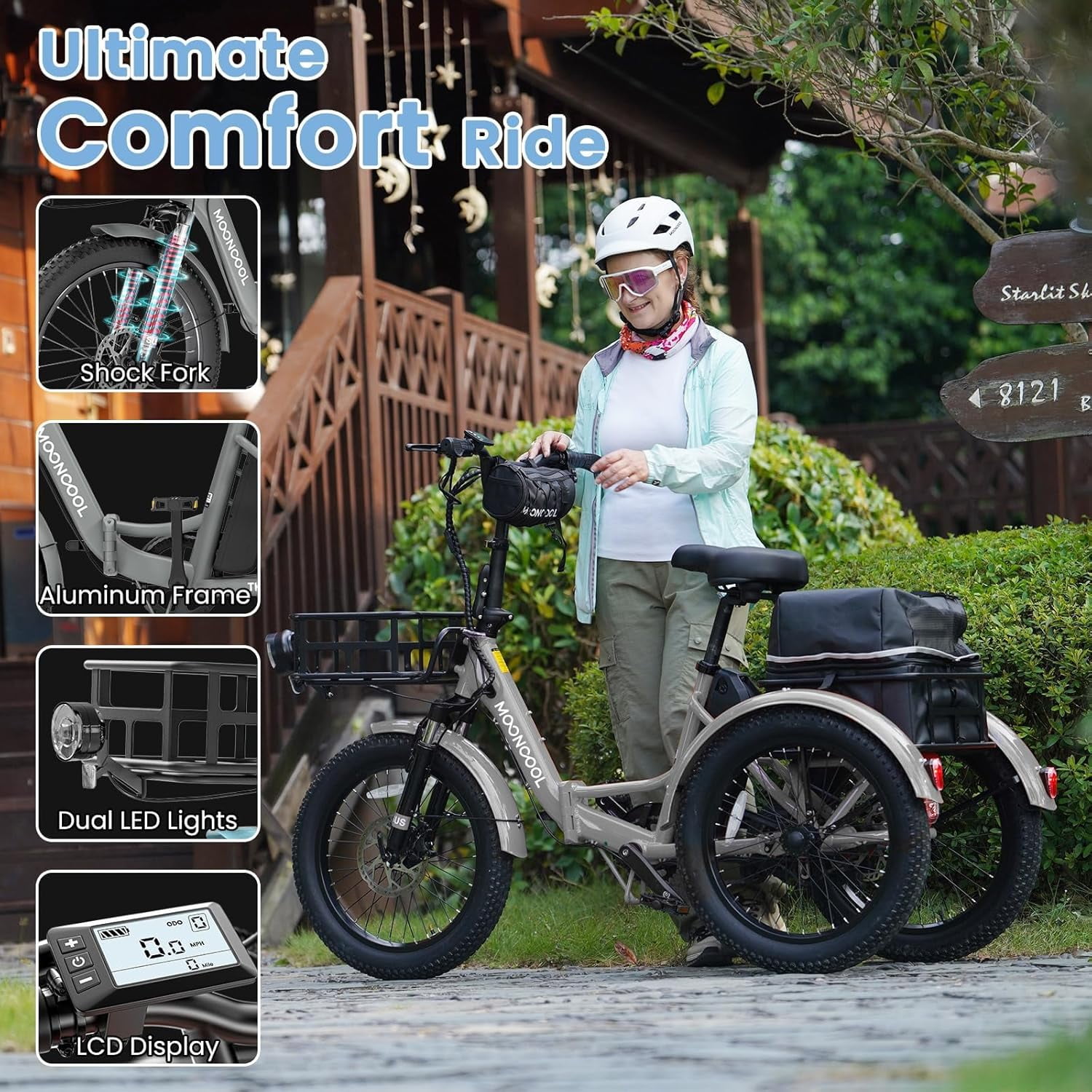 MOONCOOL TK1 Folding Electric Tricycle for Adults,48V 14.5Ah Removable battery, Peak1000W Motor, 20" Fat Tire Step-Thru 3 Wheel Electric Bicycle W/ Wide Seat & Backrest