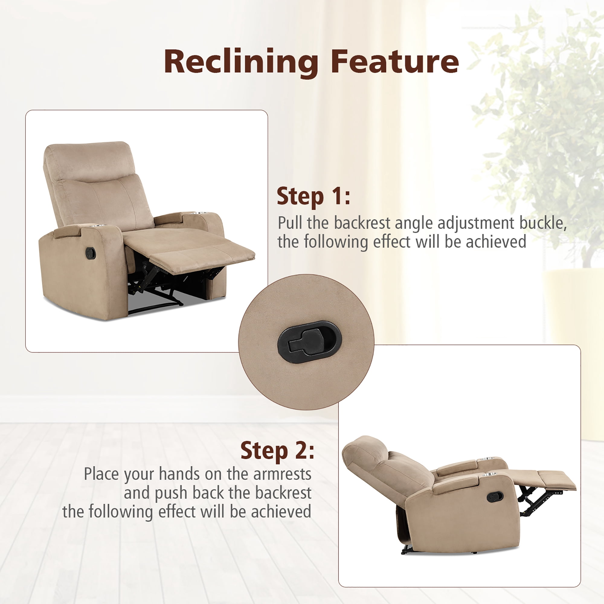 Costway Recliner Chair Single Sofa Lounger with Arm Storage & Cup Holder Brown