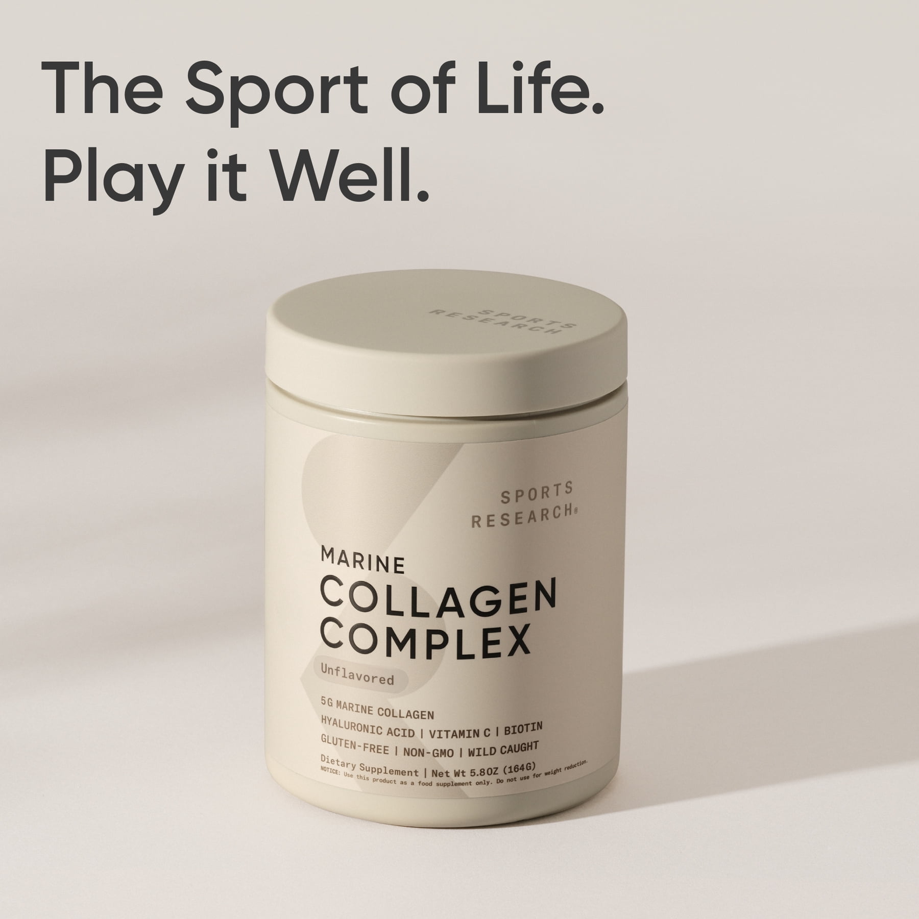 Sports Research Marine Collagen Complex Unflavored, Hyaluronic Acid, Biotin, Non-GMO, Gluten-Free, 30 Servings