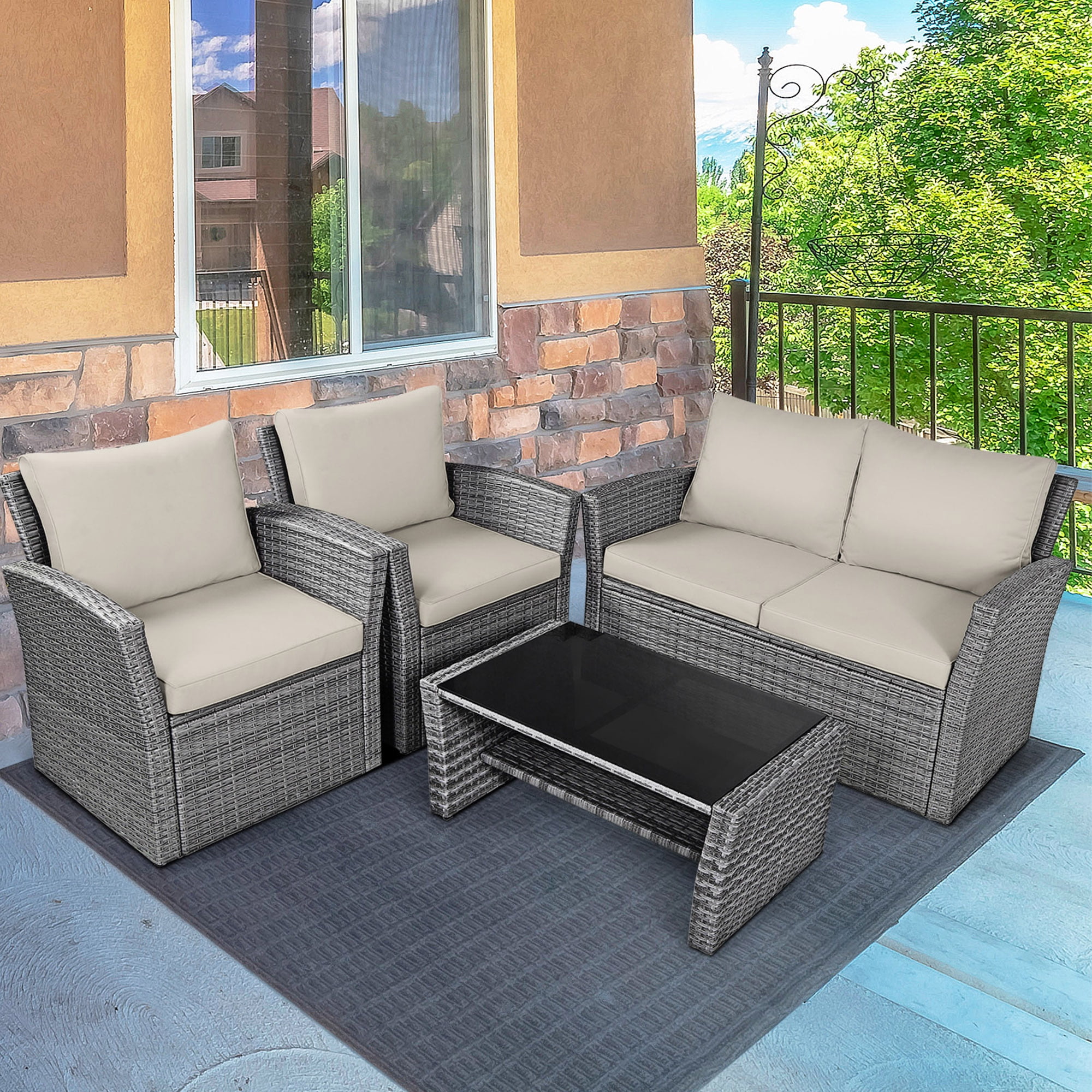Gymax 4PCS Patio Rattan Conversation Set Outdoor Furniture Set w/ Khaki Cushions