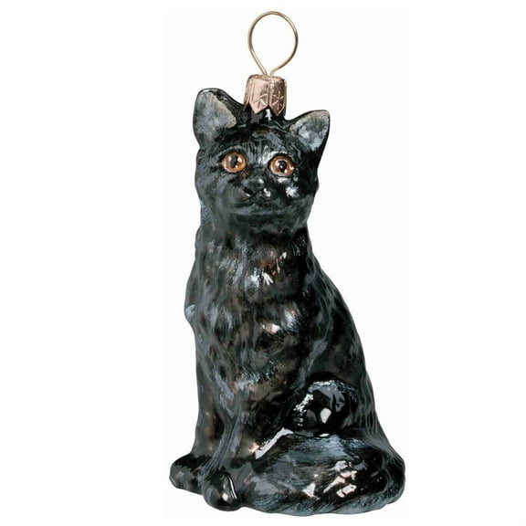 Sitting Black American Shorthair Cat Polish Glass Christmas Ornament Decoration