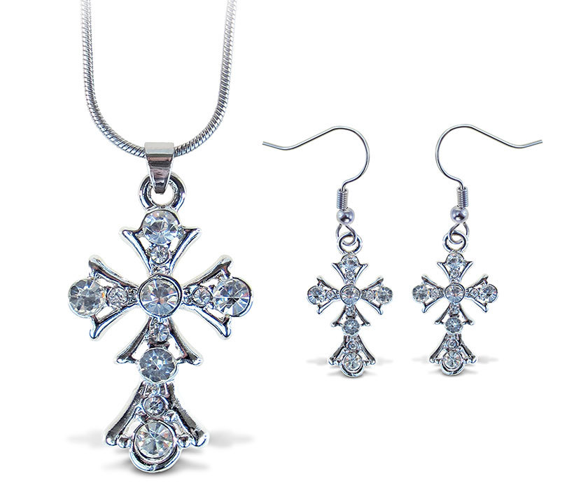 Puzzled Sparkling Charming Cross Necklace and Earrings Set