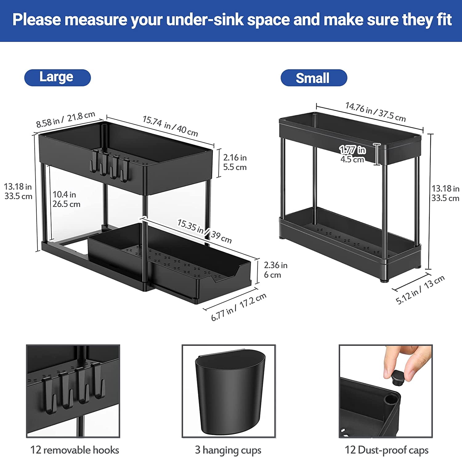 3 Pack Puricon Under Sink Organizer Pull Out Under Sink Storage, 2 Tier Multi-Purpose Sliding Under the Sink Organizer Bathroom Kitchen Sink Organizer Under Cabinet Shelf for Cleaning Supplies -Black