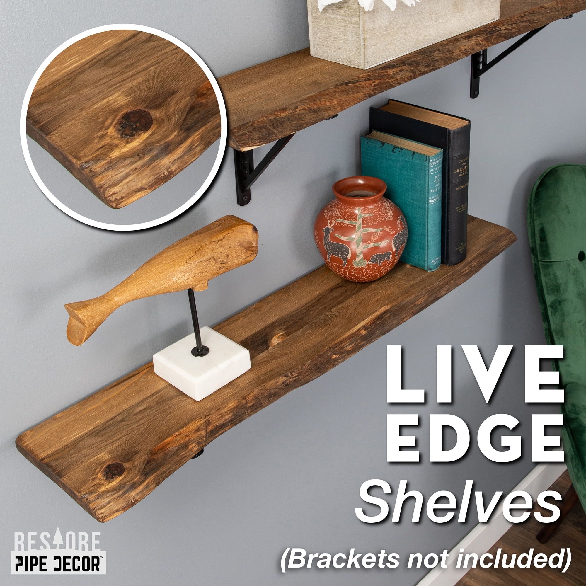 PIPE DECOR 8'' x 36'' Live Edge Wood Hand Stained Floating Shelf (2 Count)