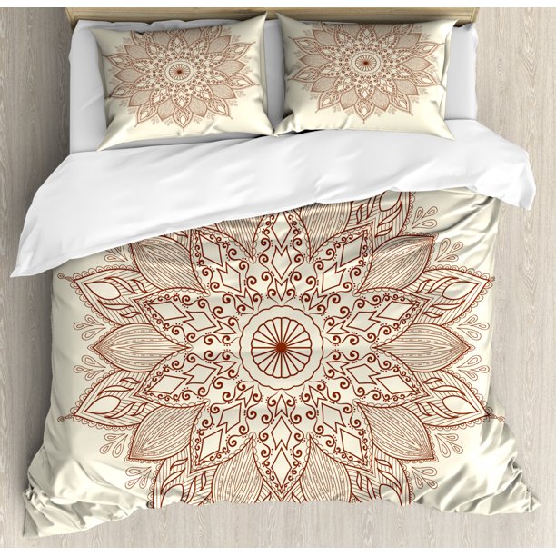 Brown Mandala Duvet Cover Set Queen Size, Ethnic Round Lace Pattern