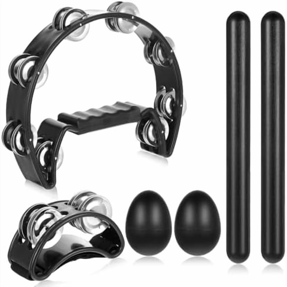 6 Pcs Tambourines for Adults, Hand Held Half Moon Tambourine Foot Tambourine with Bells Wood Rhythm Sticks Egg Shakers Musical Hand Percussion Instrument Set for Party Music Supplies (Black)
