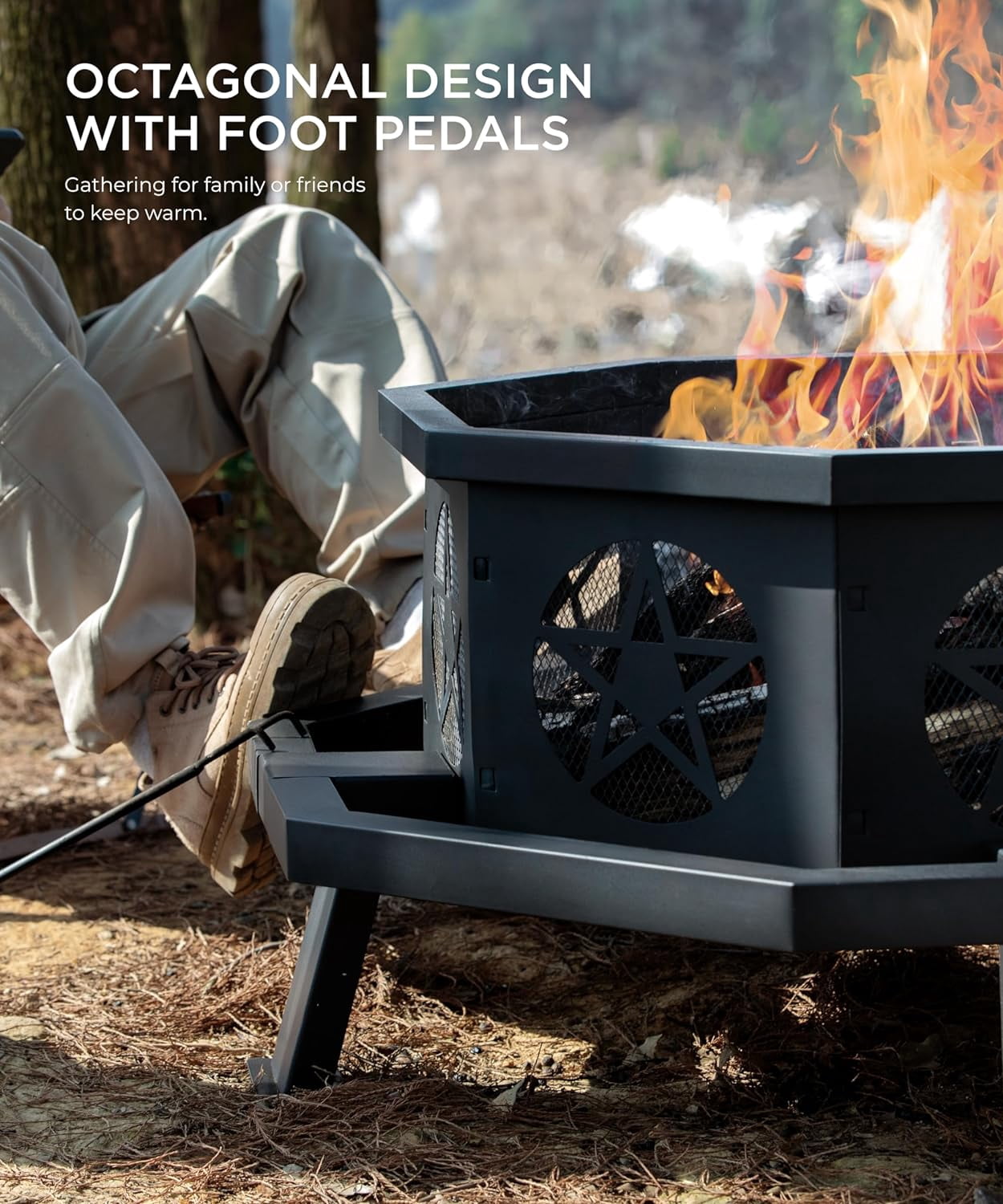 35 Inch Octagonal Fire Pit, Outdoor Wood Burning Fire Pit with Cooking Grill and Poker, Heavy Duty Large Firepit for Bonfire, Backyard, Patio, Picnic, Camping
