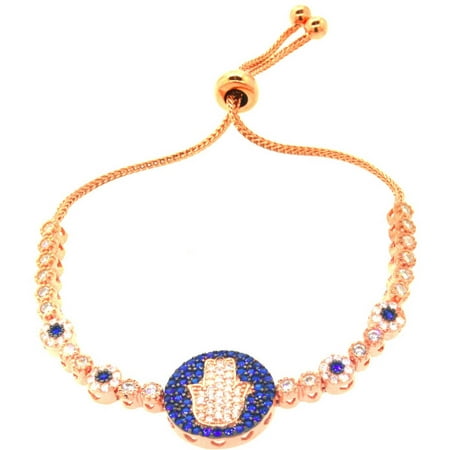 Pori Jewelers Blue and White CZ 18kt Rose Gold-Plated Sterling Silver Hamsa Friendship Bolo Adjustable Bracelet
