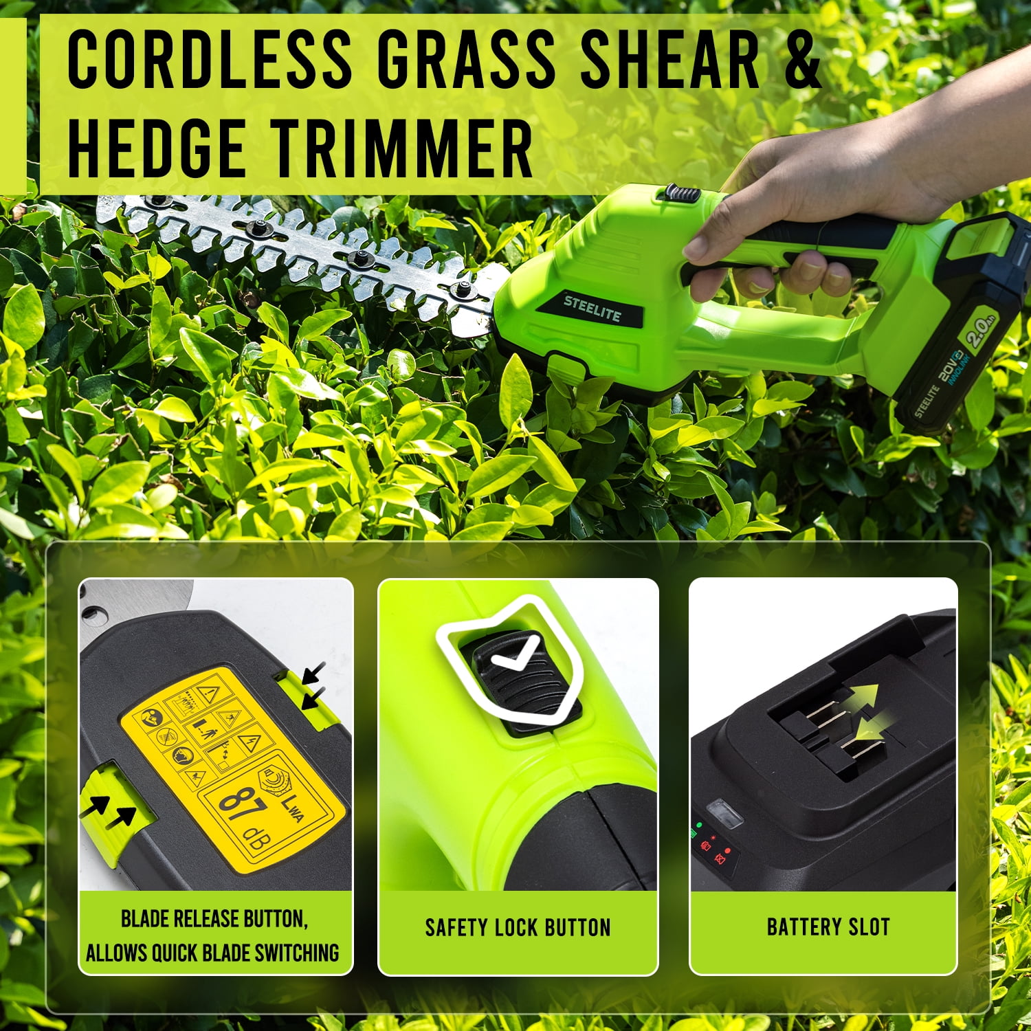 Steelite 21V Cordless Hedge Trimmer- 2 in 1 Electric Handheld Grass Shear & Shrub Trimmer Kit, Hedge Shear with 2.0Ah Lithium-Ion Battery for Garden and Lawn Maintenance