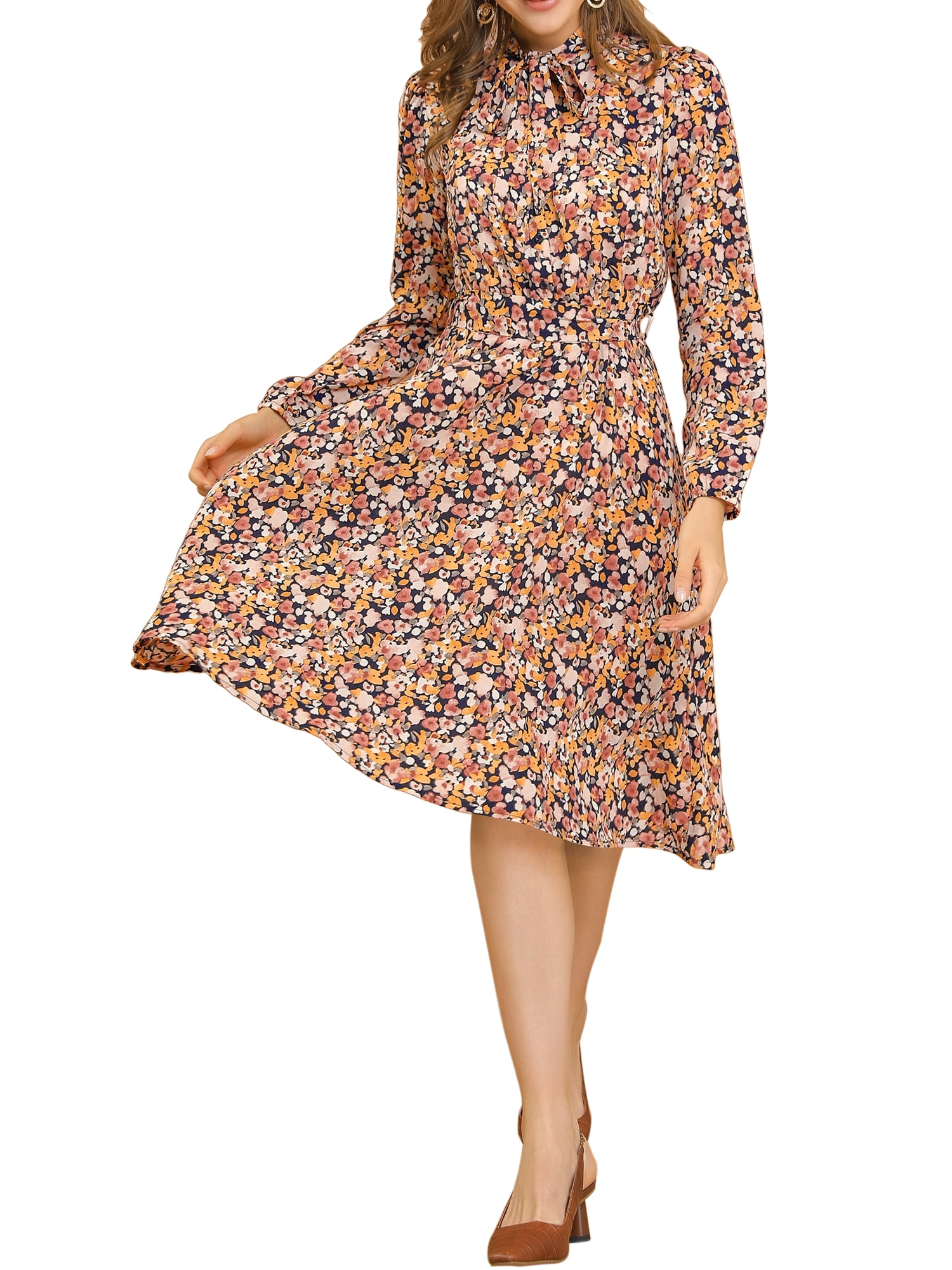 DARING DIVA Tie Neck Chiffon Belted Vintage Floral Midi Dress S Yellow