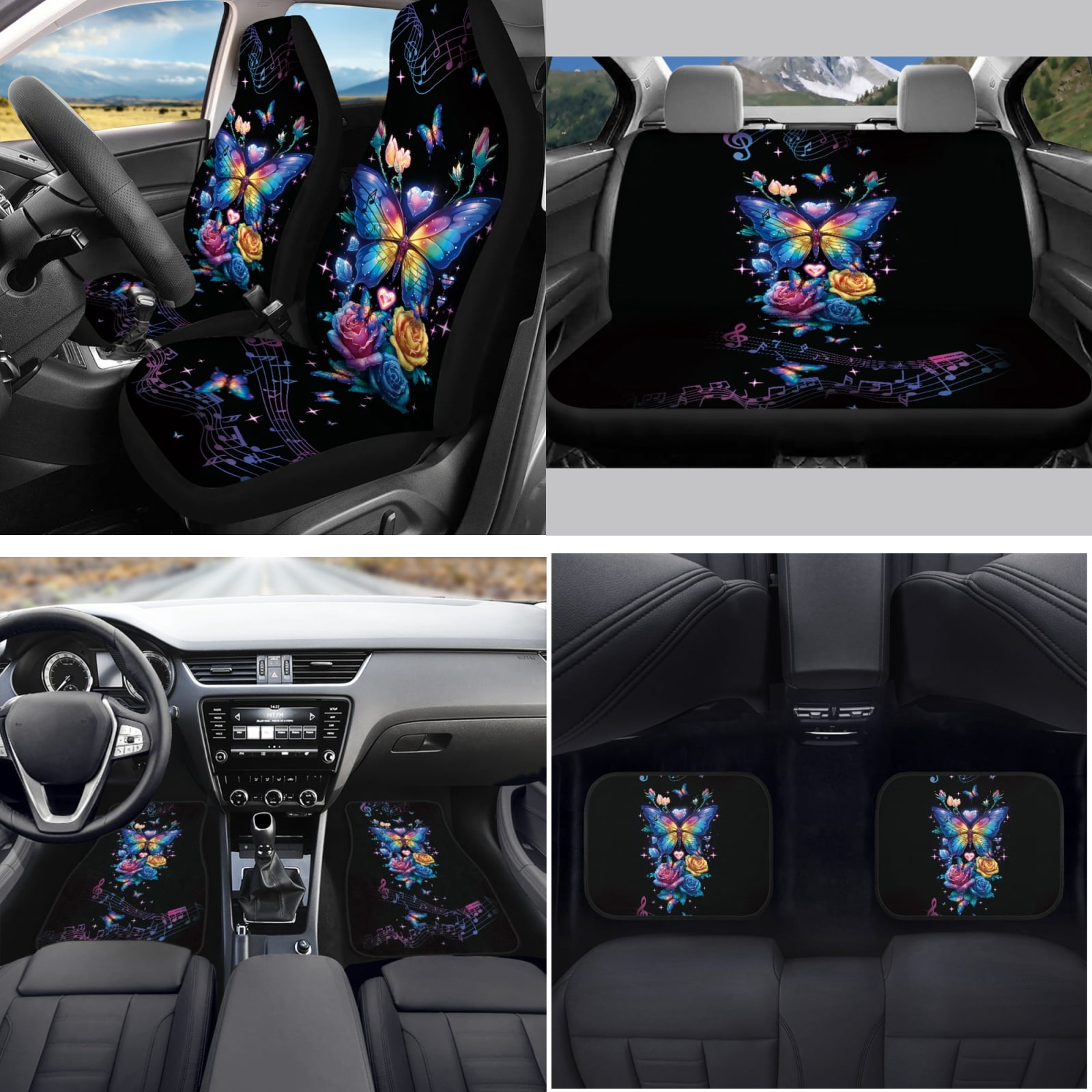 Yuyamidu Colorful Car Seat Cover Full Set of 15 Butterfly Rose Auto Carpet Mats Steering Wheel Cover Seat Belt Covers Car Handbrake Cover Set Coasters