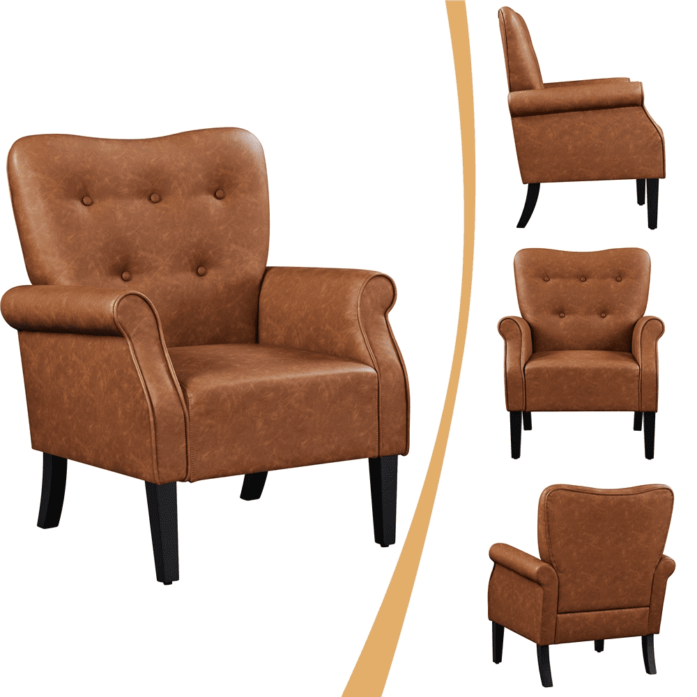 Alden Design Mid-century Faux Leather Accent Chair with Tufted High Back for Living Room, Retro Brown