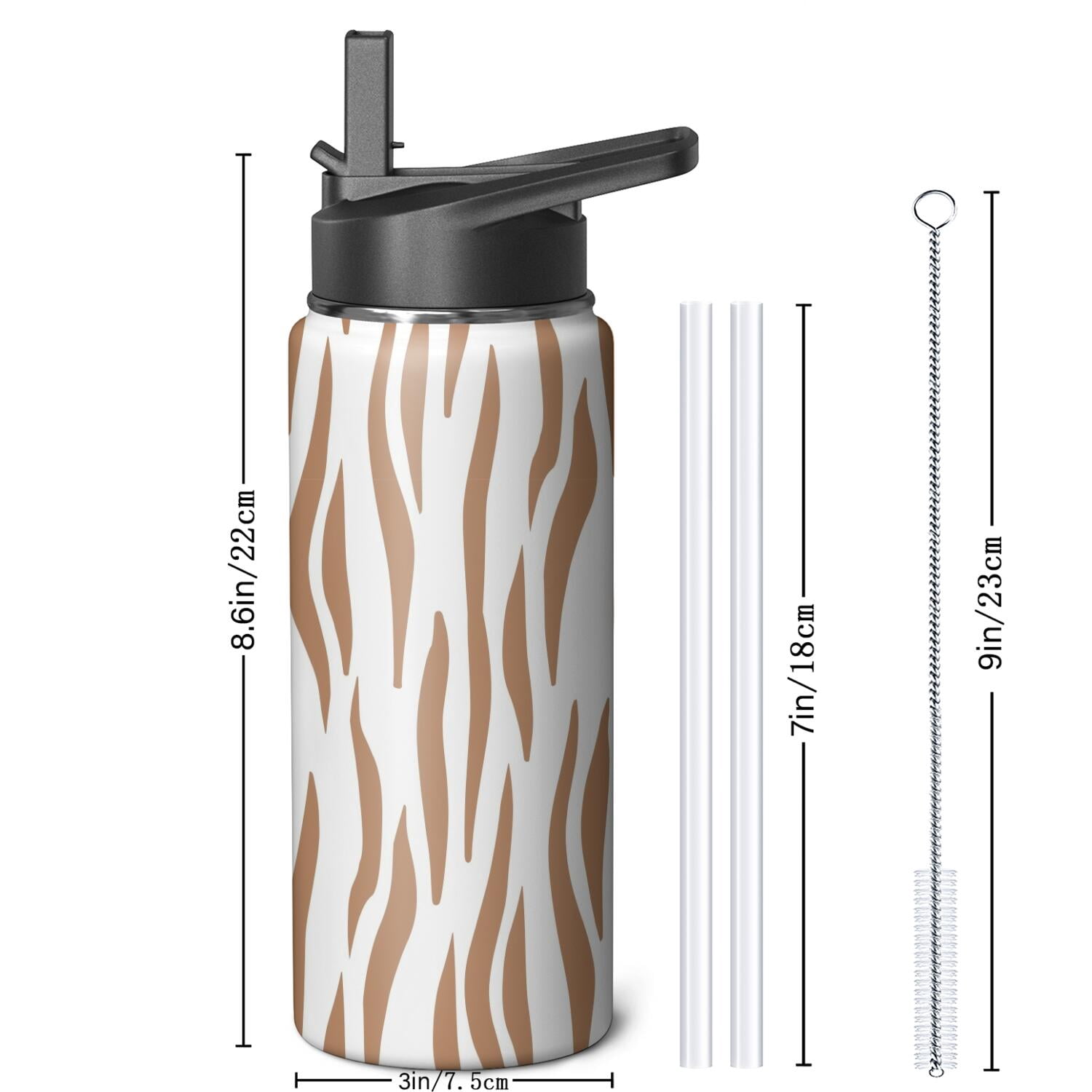 Leopard Print Insulated Stainless Steel Water Bottle with Straw & Cleaning Brush – 18 Oz | Leakproof, BPA-Free, 304 Stainless Steel, Wide Mouth, Travel Mug for Car, Gym, Office