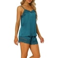 thumbnail image 4 of Conjuntos de pijama de satén para mujer INSPIRE CHIC con tirantes de encaje y pantalones cortos, 2 piezas, conjuntos de lounge de seda, L, azul pavo real, 4 of 6