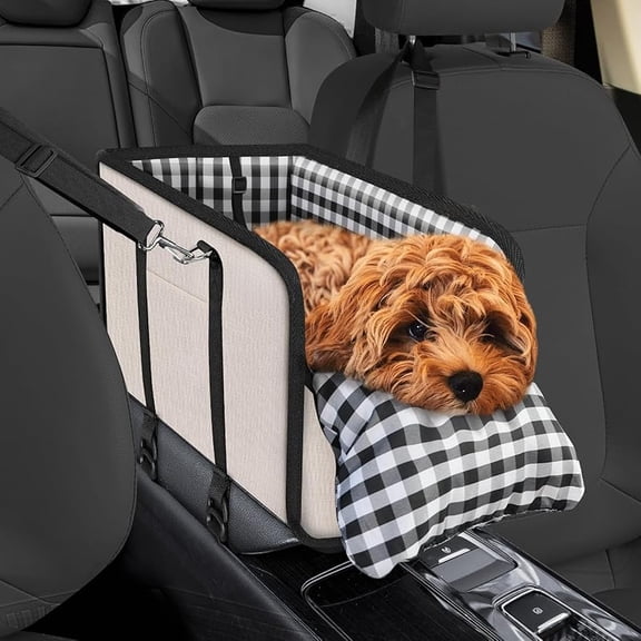 XUET Console Dog Car Seat - Portable Dogs Armrest Booster Seat for Small Dog, Anti-Collapse Pet Car Seat with Soft Cushion Safety Belt, Support Pet Up to 11lbs (Beige)