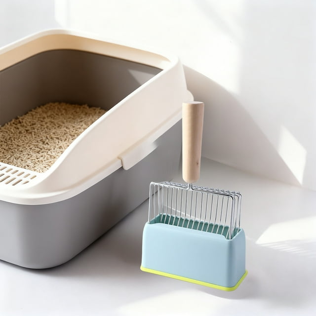 HIGERH Metal Cat Litter Scoop Set with Wooden Handle | Large Fine-Pore Sifter & Ergonomic Grip | Includes Storage Base for Easy Cleanup