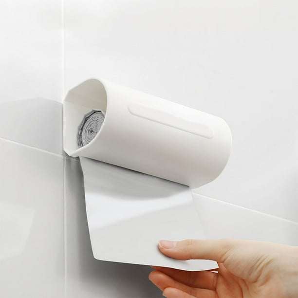 Portarrollos de papel higiénico montado en pared | Dispensador de tejido plástico adhesivo sin perforaciones | Control manual | Salida ancha | Baño, cocina, oficina | 6.3x6x13.5 cm | Blanco