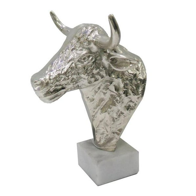 Benzara BM190448 Metal Bull Head Sculpture on Marble Base - Silver & White