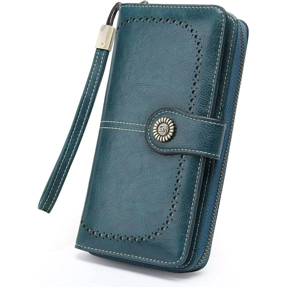 EHIW Wallets for Women Leather Credit Card Holder with RFID Blocking Large Capacity Wristlet , Blue