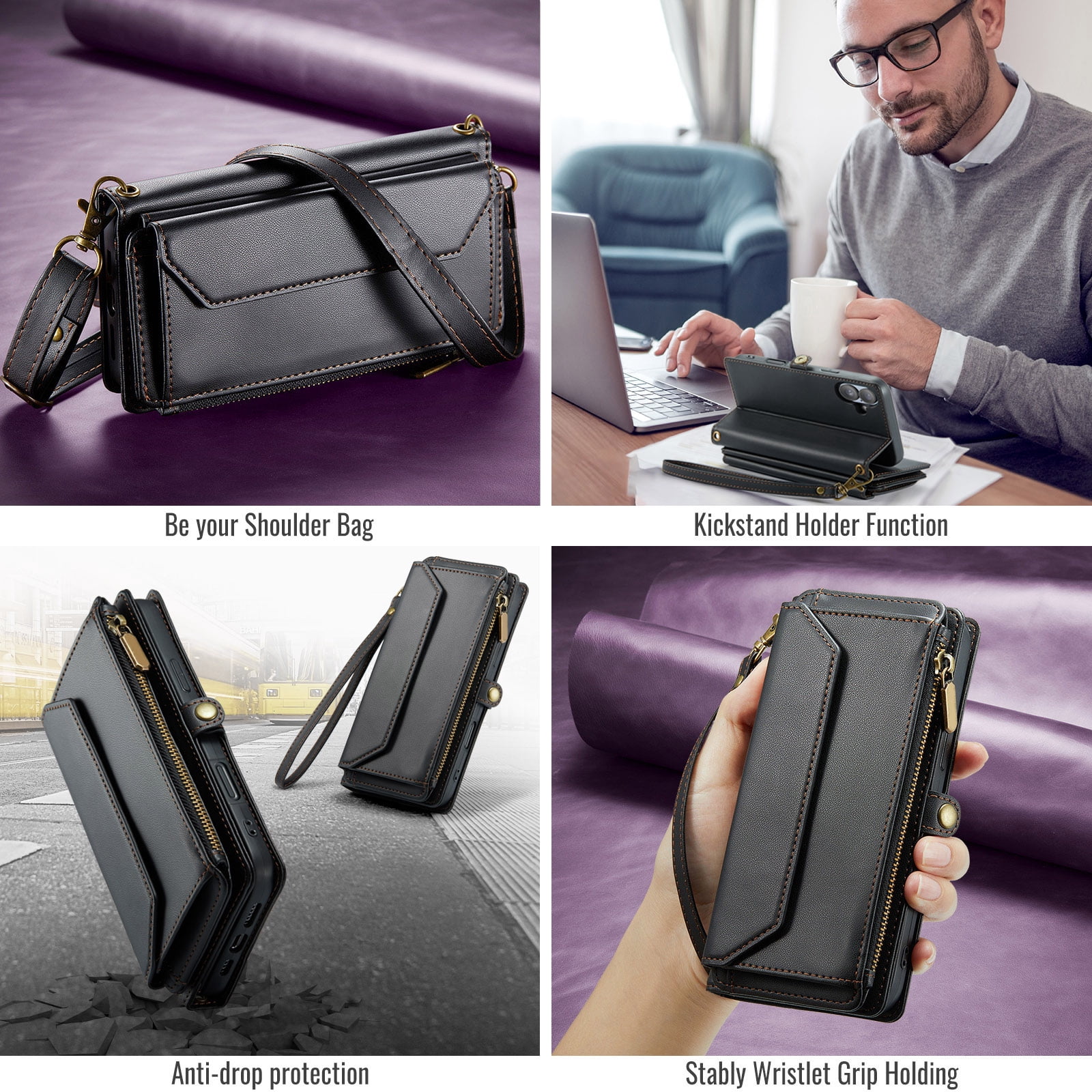 Compatible with iPhone 16 Plus 6.7 inch Zipper Wallet Phone Case Tempered Glass Screen Protector Crossbody Lanyard Strap Flip Card Holder Slot Cell Cover for i Phone16 16+ i16 + 16Plus Women Black