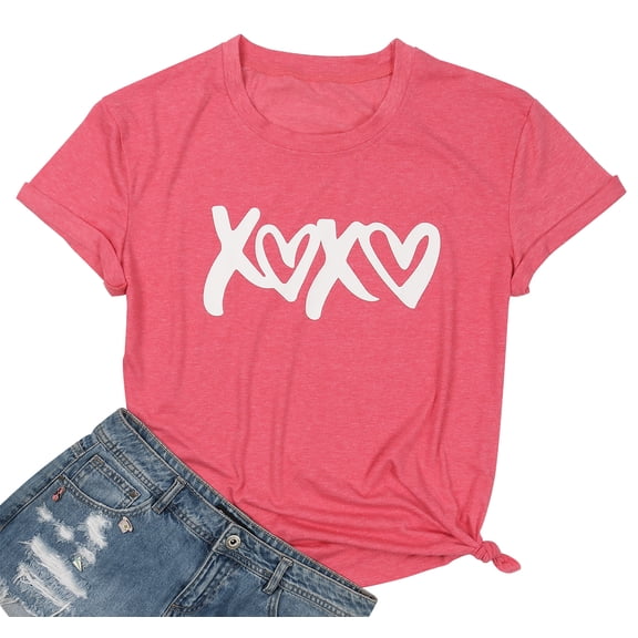 VILOVE Valentine's Day XOXO Letter Print Crew Neck Short Sleeve Casual Tee Shirt for Women