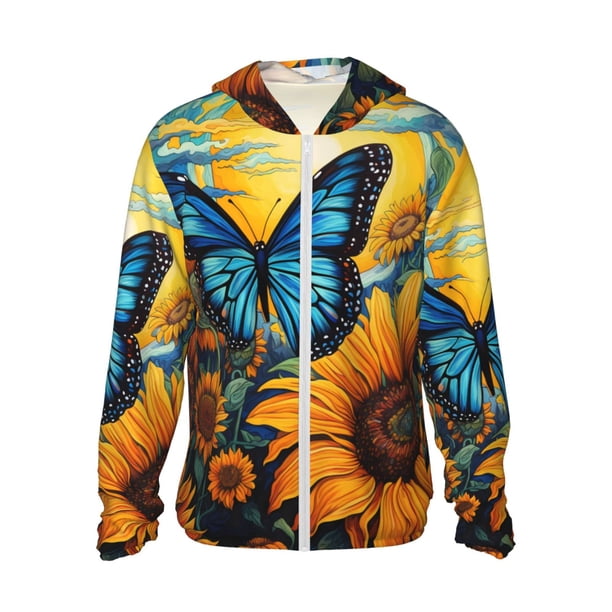 Balery Colorful Cloud Butterfly Sunflower Sudadera ligera de manga larga con capucha y protección solar UPF 50+ para hombre y mujer, ideal para pesca y running-X-Large