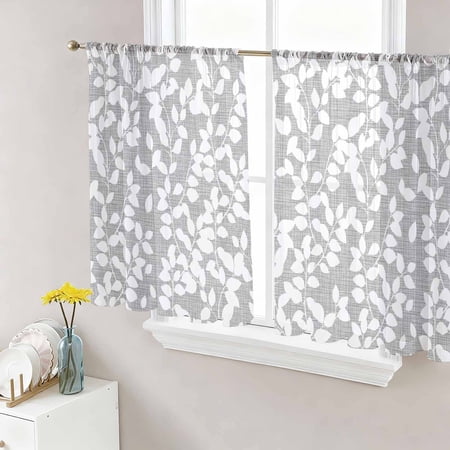 Grey White Botanical Semi Sheer Curtains 45 Inch Length 2 Panels Set Pastoral Spring Floral Summer Art Sheer Kitchen Curtain Privacy Voile Window Curtain for Living Room Bedroom Rod Pocket Drapes