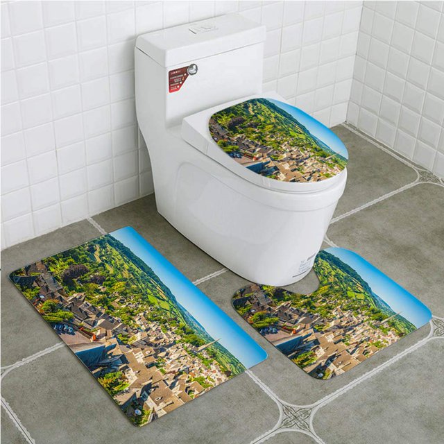 ABPHQTO Panorama aéreo sobre idílicas casas rurales de pueblo verde campos de verano Juego de alfombras de baño de 3 piezas Alfombra de baño Alfombra de contorno y tapa de inodoro ABPHQTO Cont-CHAPPLE-18575