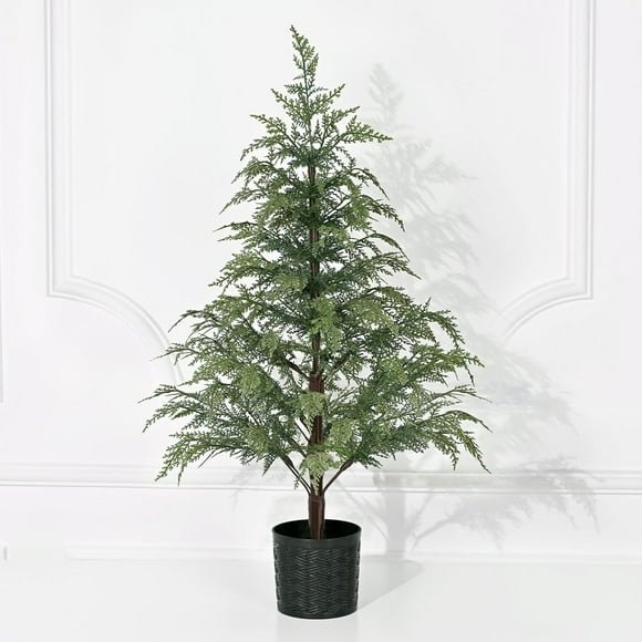 Small Christmas Tree with Lights, 3 FT Pre-Lit Mini Christmas Tree Potted, Artificial Real Touch Realistic Cedar Xmas Trees for Front Porch Outdoor Indoor Garden Farmhouse Home Decor