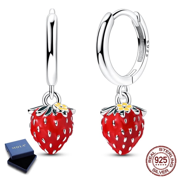 MULA 925 Sterling Silver Strawberry Huggie Hoop Dangle Earrings for Women, Vibrant Red Fruit Summer Hypoallergenic Jewelry Gift with Box