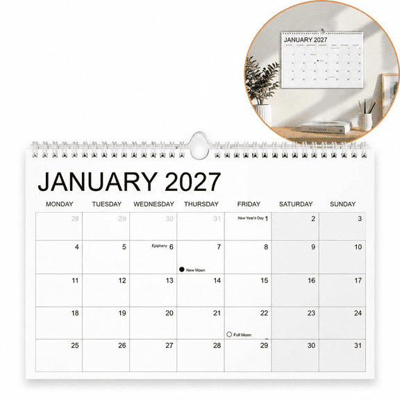 XIANGSUO 2027-2028 18-Month English Wall Calendar, A4 8.27 x 11.81 Inch Black and White Monthly Planner with Spiral Binding for Home, Office, School, Study and Schedule Organization