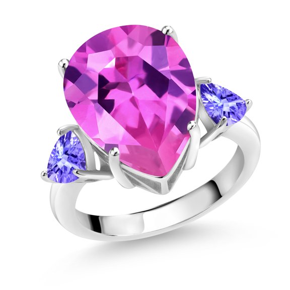 Gem Stone King 11.50 Ct Pear Shape Pink Created Sapphire Blue Tanzanite 925 Sterling Silver Ring (Size 5)