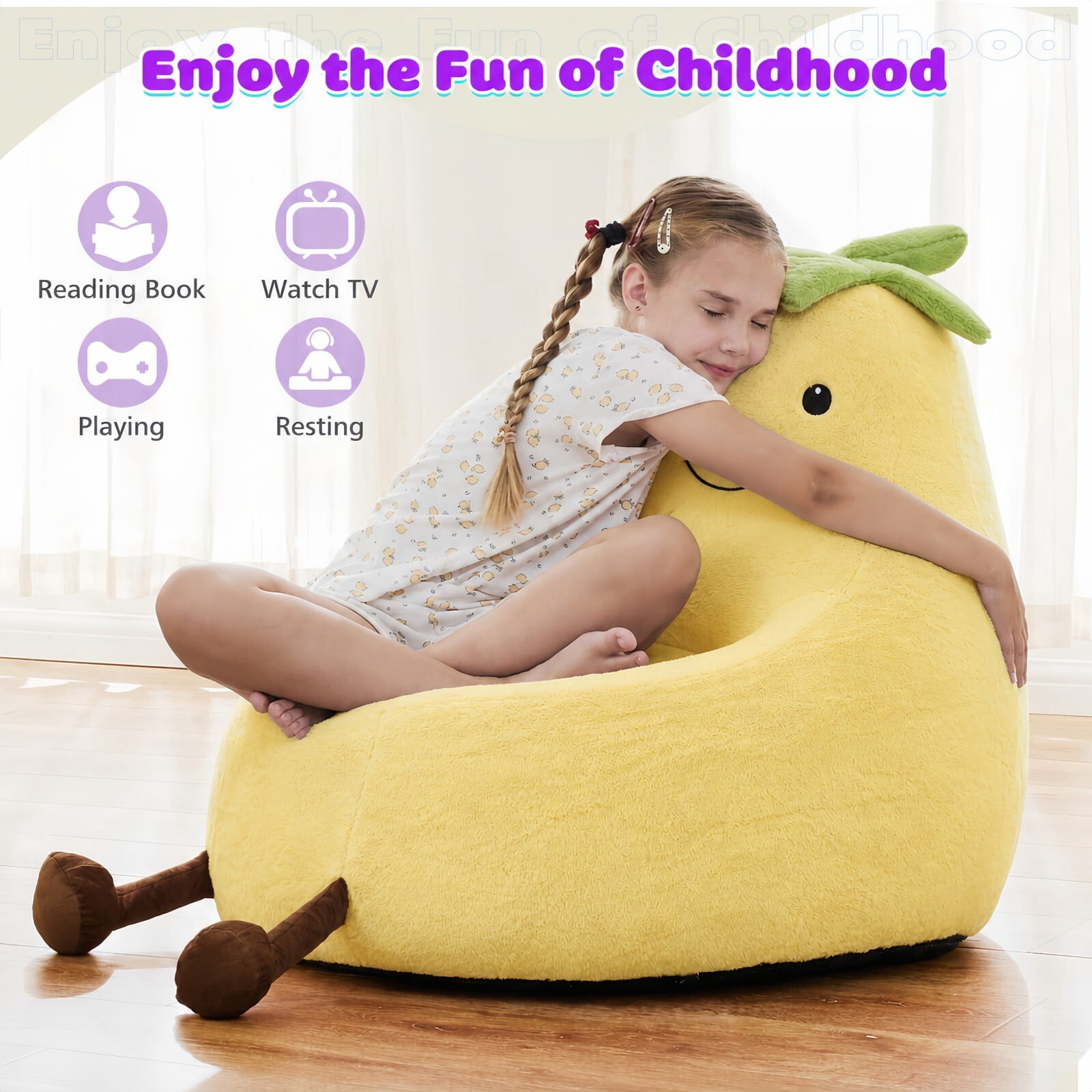 Kelno 24" Kids Bean Bag Chair Faux Rabbit Fur Lazy Chair Toddler Couch, Yellow