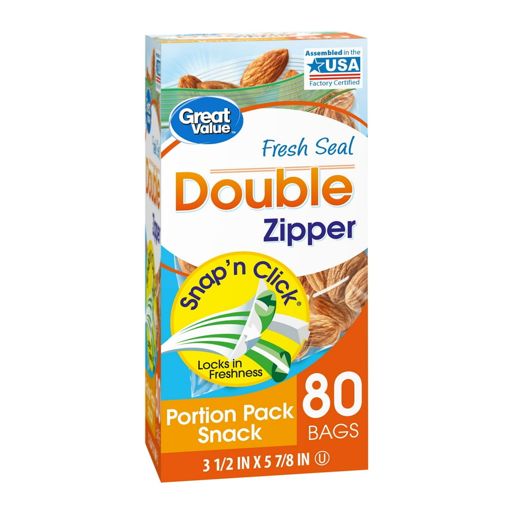 Great Value Fresh Seal Double Zipper Portion Pack Snack Bags, 80 count