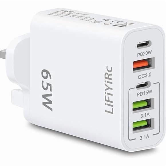 ccwmincc UK Ireland USB C Charger Block, 65W 6.6A 2 USB C 3 USB A Ports Plug for England Ireland Hong Kong, Type G Adapter Compatible for iPhone 16 15 14 13 12 11 Pro Max XS XR X SE Plus, Samsung