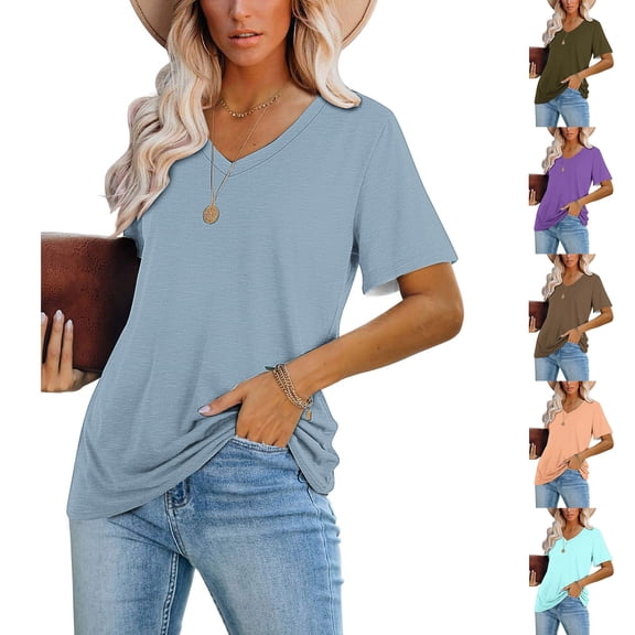 Abtuhar Shirts for Women,Women's Casual Blouses Solid Color T-Shirt Short Sleeved V-Neck Top