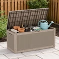 thumbnail image 2 of MINDYES 120 Gallon Resin Deck Box, Wicker Outdoor Storage Box for Garden Tools & Patio Cushions, Beige, 2 of 7
