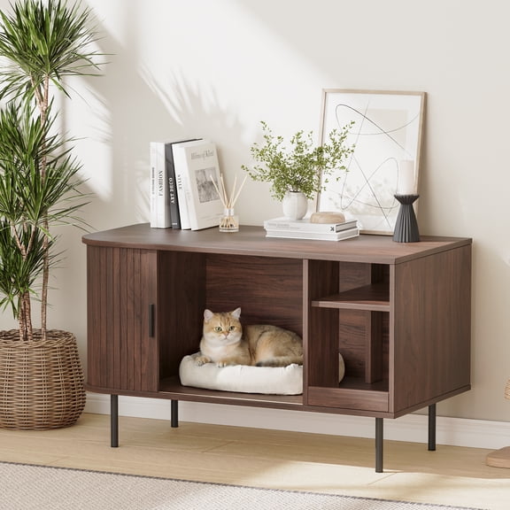 Naipo Cat Litter Box Enclosure with Sliding Tambour Door, 37.4" Hidden Litter Box Furniture, Wood Cat Litter Box Cabinet with Mat & Waterproof Pad, Rustic Brown