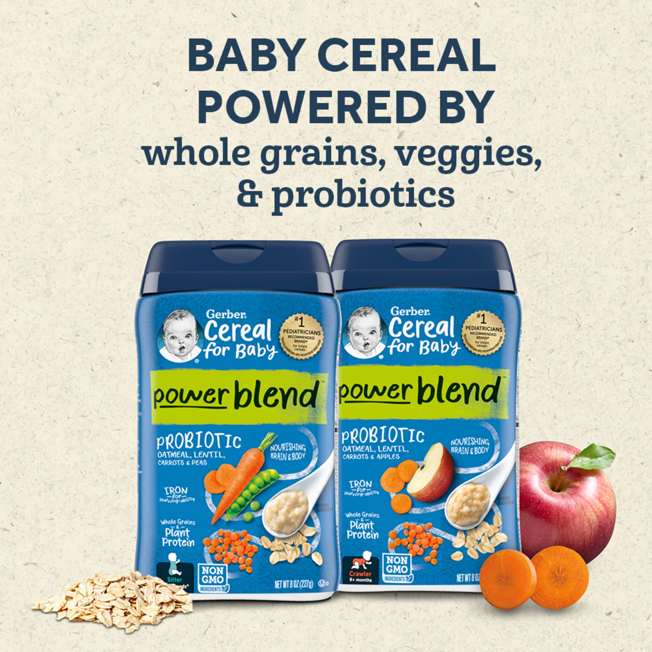 Gerber Cereal 3rd Foods Probiotic Lentil Carrot Apple Oatmeal Baby Cereal, 8 oz Canister
