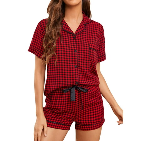 

ZXZY Women Plaid Lapel Buttons Down Shirt Tie Waist Shorts Pajama Set