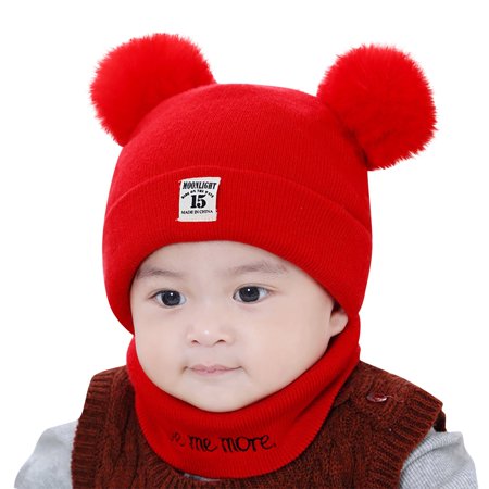 

QWERTYU Baby Toddler Girl Boy Ski Hat Newborn Infant Faux Fur Pompom Winter Beanie Knitted Cap 0-12M Red One Size