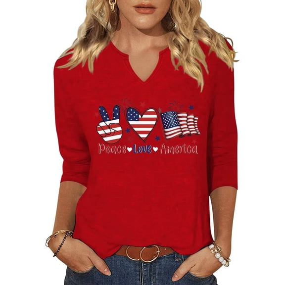 Scgirl Womens 3/4 Sleeve V Neck T Shirts USA American Flag Graphic Tee Tops