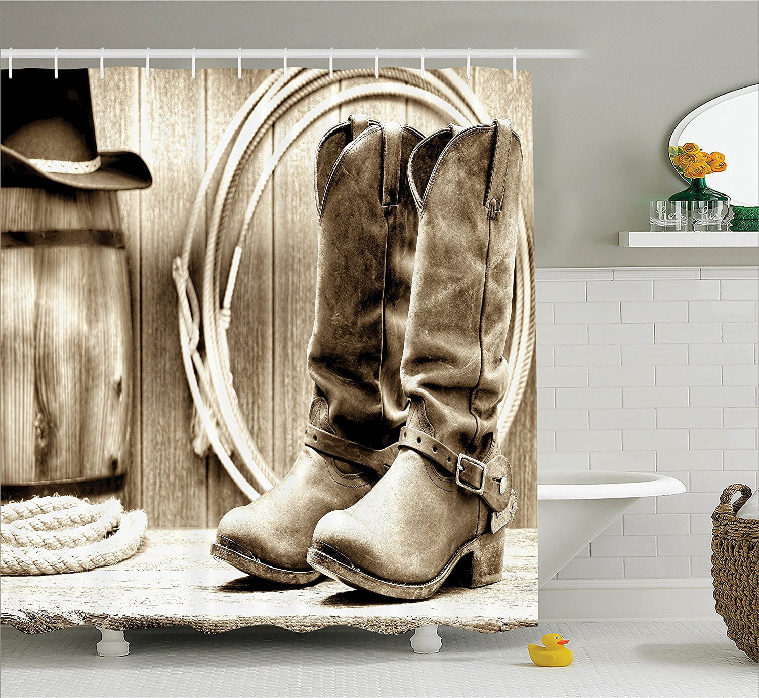 Western Shower Curtain by , Traditional Rodeo Supplies with Roper Boots in  Vintage Colors Nostalgic Wild Photo, Polyester Fabric Bathroom Shower 