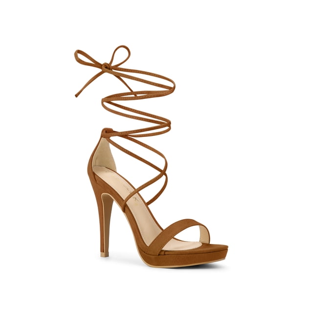 BLISSFUL STEP Sandales pour Femmes Talons Aiguilles Talons Plateforme Sandales à Lacets Brun 6