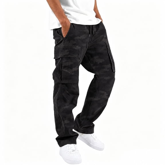 XFeng Men Geometric Camo Print Cargo Pants, Elastic Drawstring Waist Multi Pocket Loose Straight Streetwear Trousers